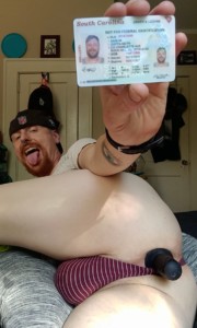 Faggot Justin Keith Anglin Exposed showing his ass which Is stuffed witha large black diamond while he holds up his driver's license to show his personal information